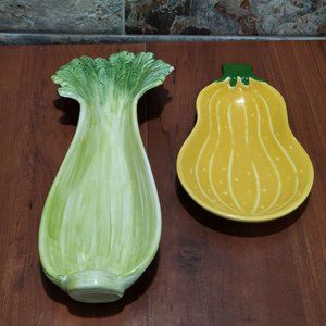 Ceramic Celery Squash Pumpkin Serving Dish Tray Set of 2